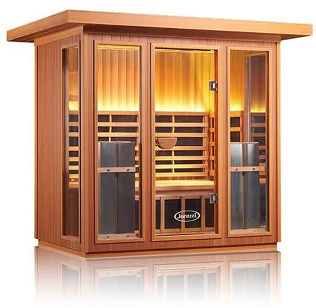 Image of wooden sauna with lights and open windows and glass door