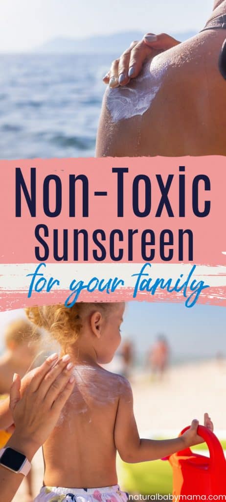 Woman with non-toxic sunscreen on her back and a mom putting natural sunscreen on her child. 