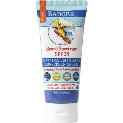 Badger organic, non-toxic sunscreen in blue and white bottle. 