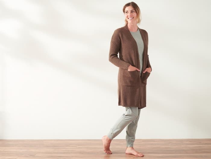 Coyuchi_woman in brown Arroyo Organic Long Cardigan, 0rganic clothing brand. 