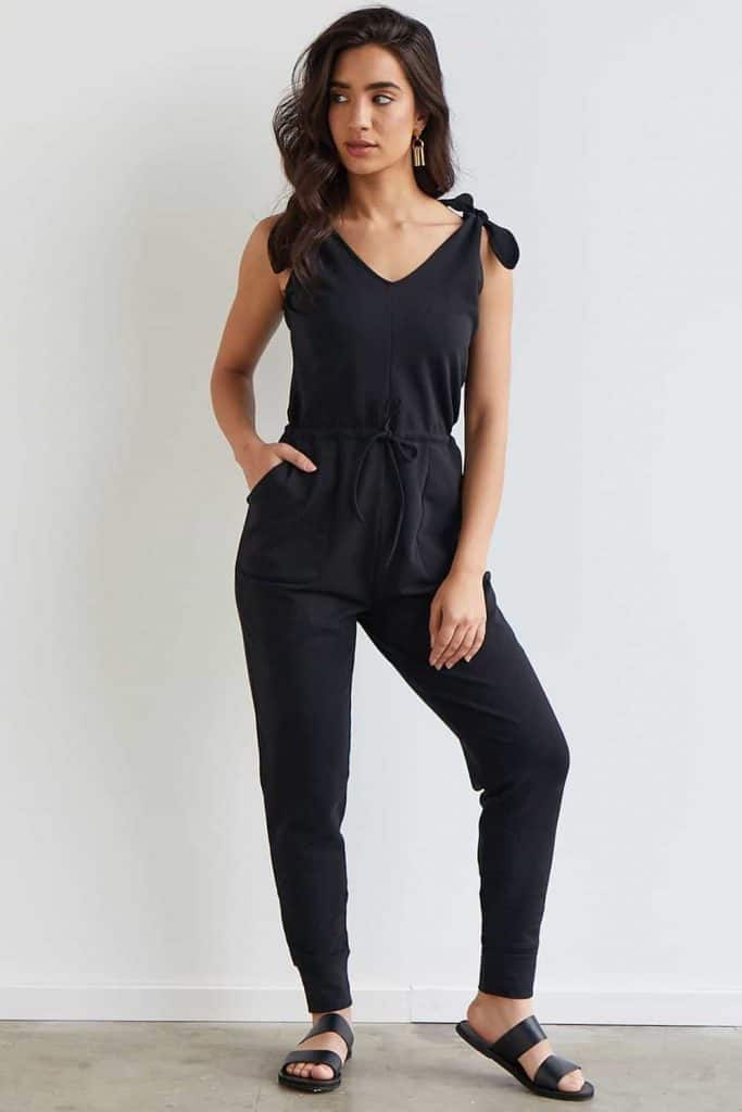 Fair Indigo_woman in black Organic clothing Terry Jumpsuit