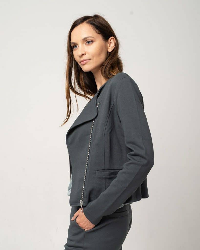 Jolie Kai_woman in grey organic clothing Jacket