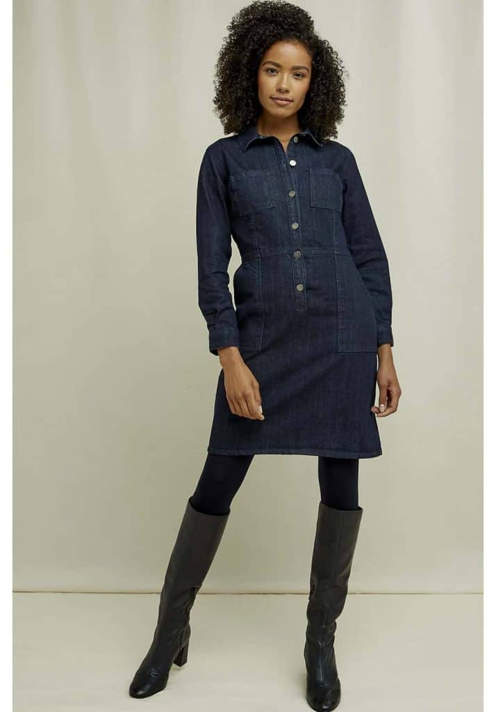 People Tree_woman in denim-emmanuelle-denim-dress, organic clothing brand. 