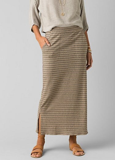 Prana_woman in long tan organic clothing skirt