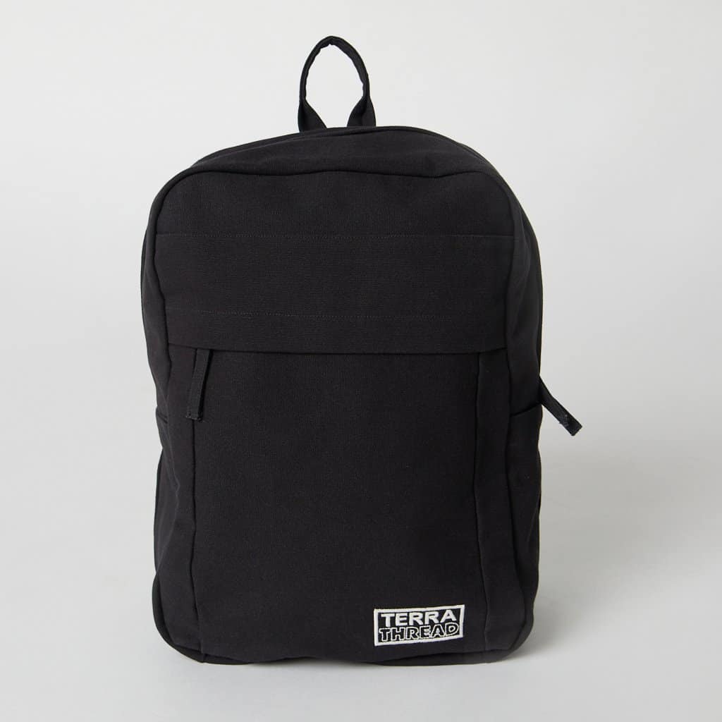 Black backpack with white background