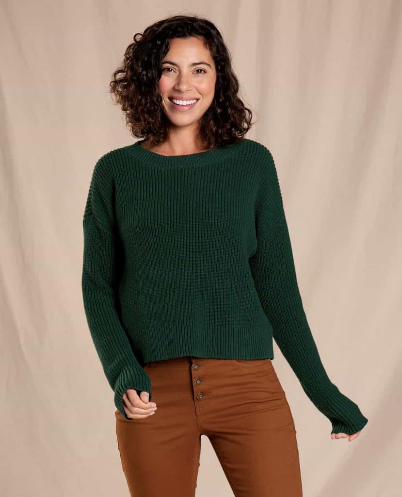 Toad & Co_woman in green Bianca II Sweater organic clothing brand toad & co