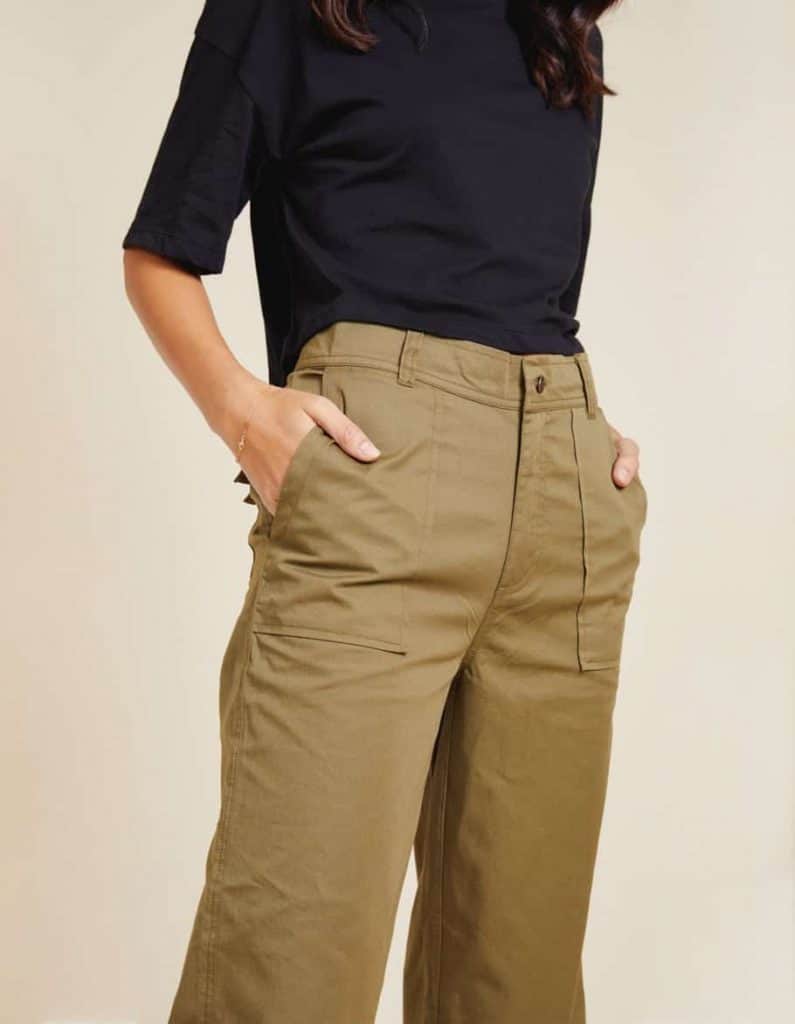 Yesand_woman in brown Jordana Utility Pant.  Yesand organic clothing brand. 