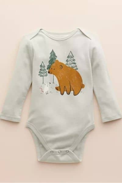 Little Co. by Lauren Conrad Baby Clothes onesie with bear in front of trees