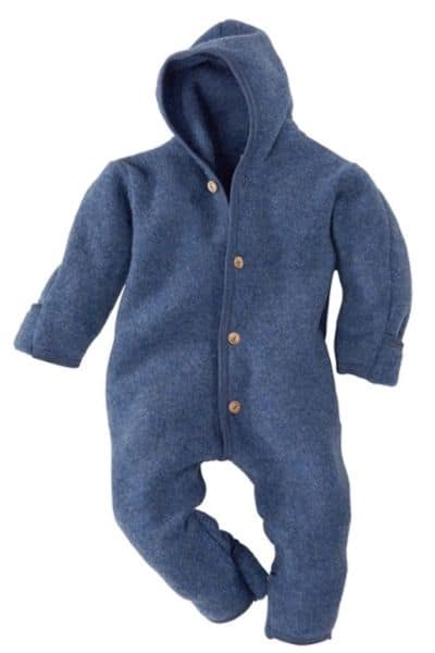 Engel Organic Wool Baby Clothes in one-piece dark blue jumper with hood