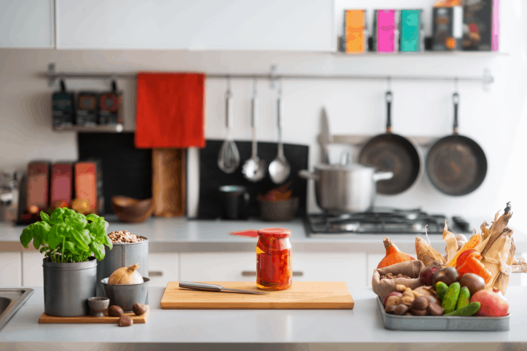 An open kitchen with fruits, veggies, pots, and pans