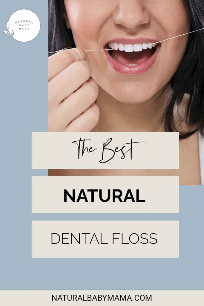 woman flossing her teeth - Pinterest pin for the best natural dental floss free of PFAs.
