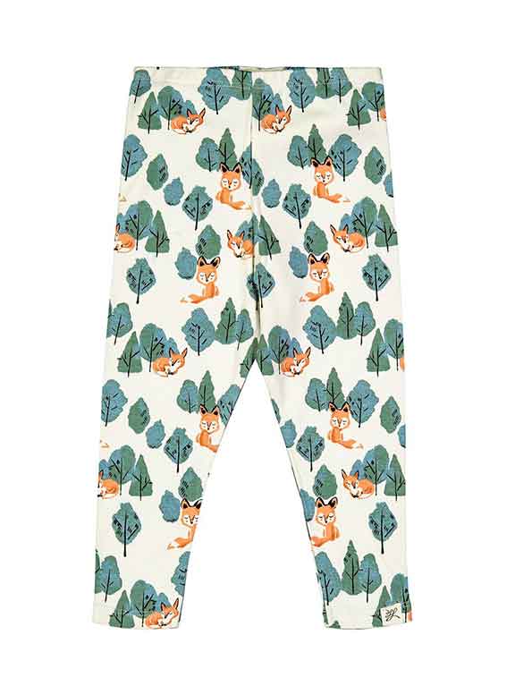 Little Lentil Baby Clothes - white pants with green trees and orange foxes