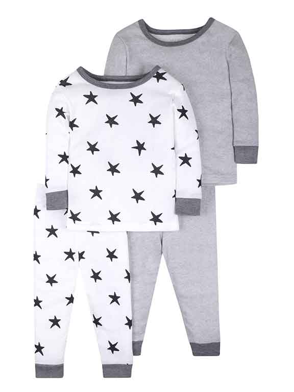 Little Star Organics Baby Clothes 2 PJ sets, one grey and one white with black stars