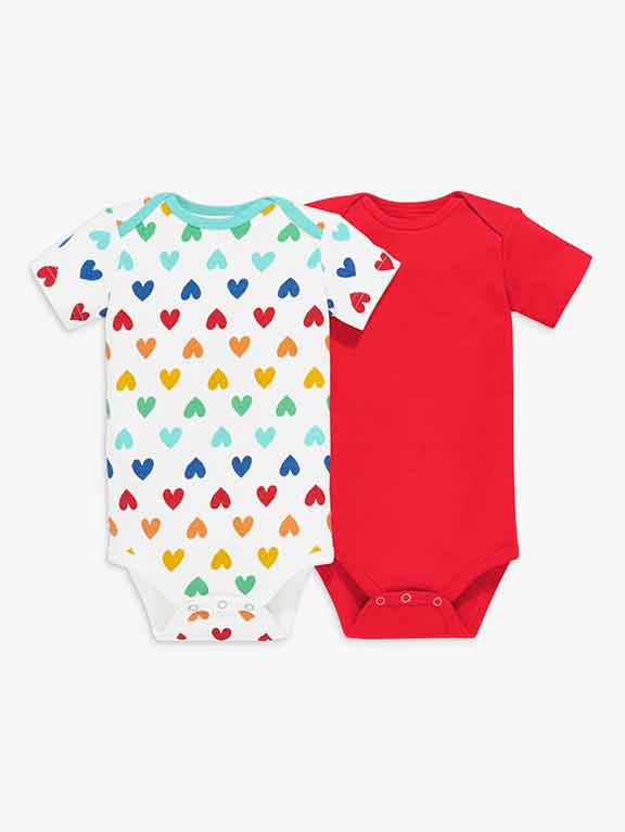 Primary Baby Clothes - 2 onesies, one red and one with rainbow hearts