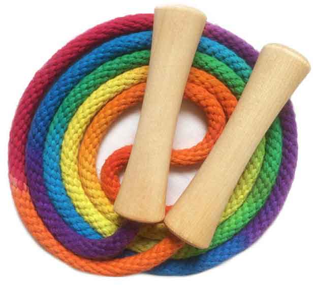 Rainbow Jump Rope with Wooden Handles on White Background