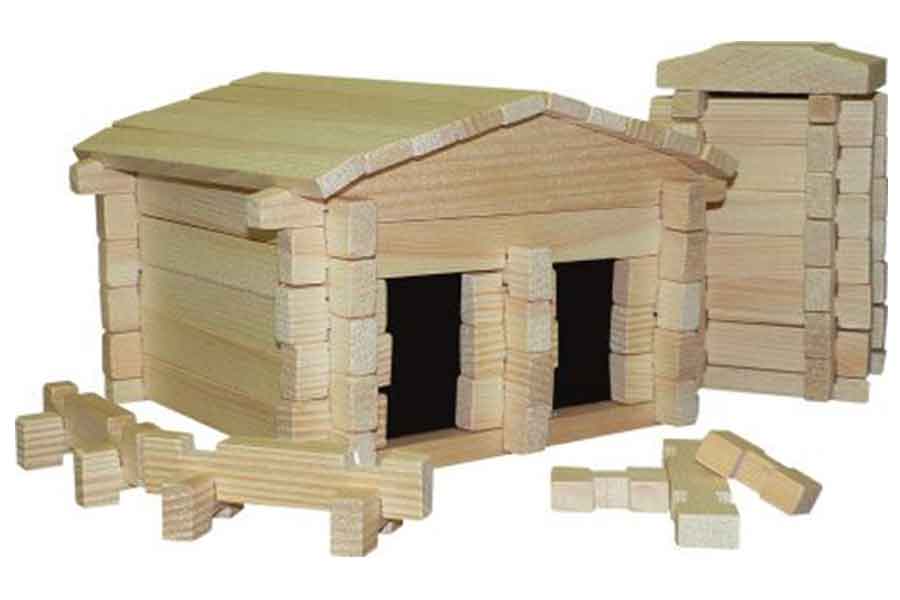 Farm made of Wooden Building Blocks on white surface